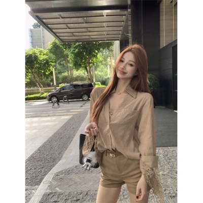 蕾丝拼接假两件衬衫女夏季薄款长袖防晒衬衣卡其色宽松中长款上衣
