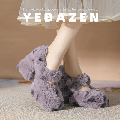 超火紫色兔毛毛鞋女粗跟外穿秋冬加绒玛丽珍高跟鞋气质高级不累脚