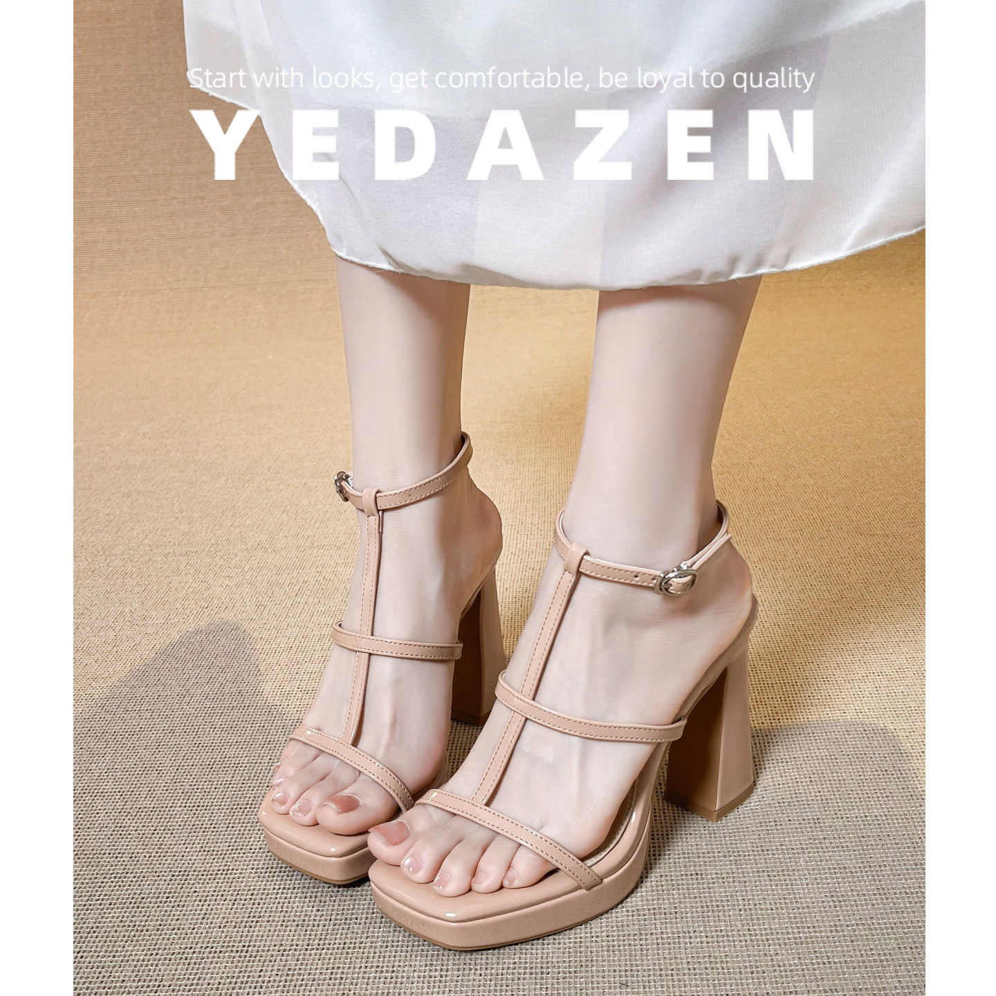 裸色高跟鞋粗跟一字带罗马凉鞋女外穿2026新款夏季方头厚底凉拖鞋