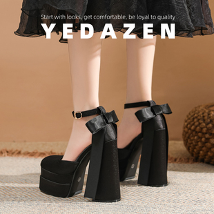 高级感15CM增高防水台黑色缎面礼服高跟鞋 女粗跟方头玛丽珍珠单鞋