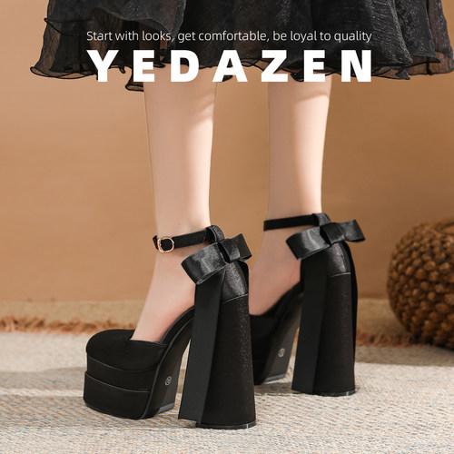 高级感15CM增高防水台黑色缎面礼服高跟鞋女粗跟方头玛丽珍珠单鞋