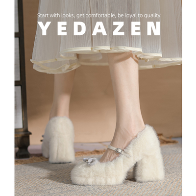 高级感白色玛丽珍毛毛鞋仙女外穿粗跟2025秋冬加绒蝴蝶结高跟单鞋