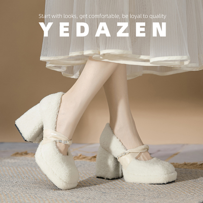 绝美白色羊羔毛毛鞋高级感外穿粗跟防水台玛丽珍高跟鞋女秋冬加绒