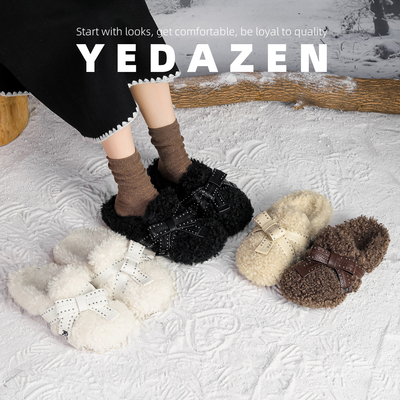 一脚蹬厚底蝴蝶结毛毛半拖鞋秋冬季外穿加绒舒适保暖包头勃肯棉鞋