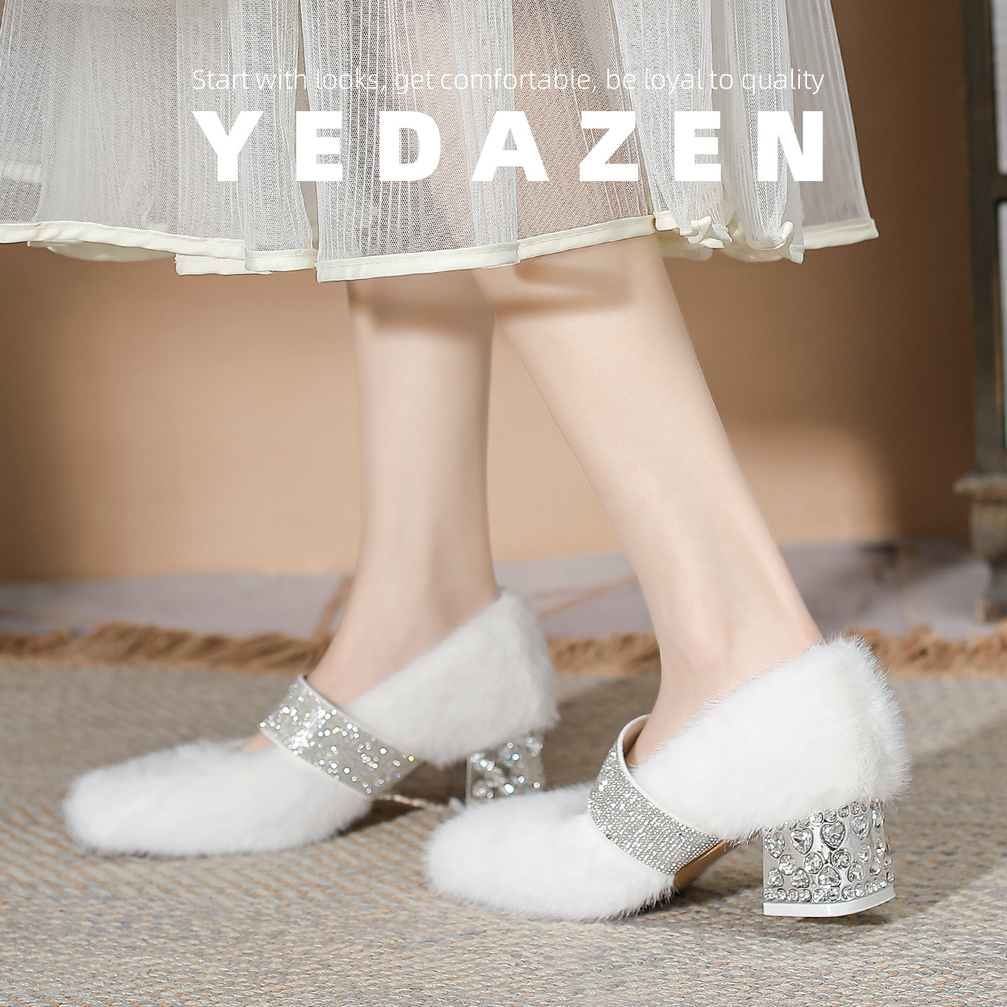 高级感水钻带白色毛毛高跟鞋女冬季加绒玛丽珍鞋粗跟法式方头单鞋,女鞋,玛丽珍鞋,淘宝优惠券,粉丝福利购,淘宝优惠卷