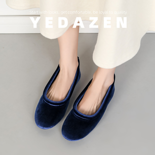 韩国丝绒单鞋女平底蓝色芭蕾鞋外穿复古风圆头奶奶鞋2026春季新款