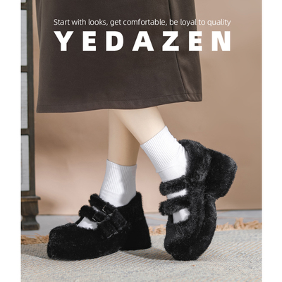 高级感黑色兔毛毛鞋女冬季加绒松糕厚底棉鞋一字带复古玛丽珍单鞋