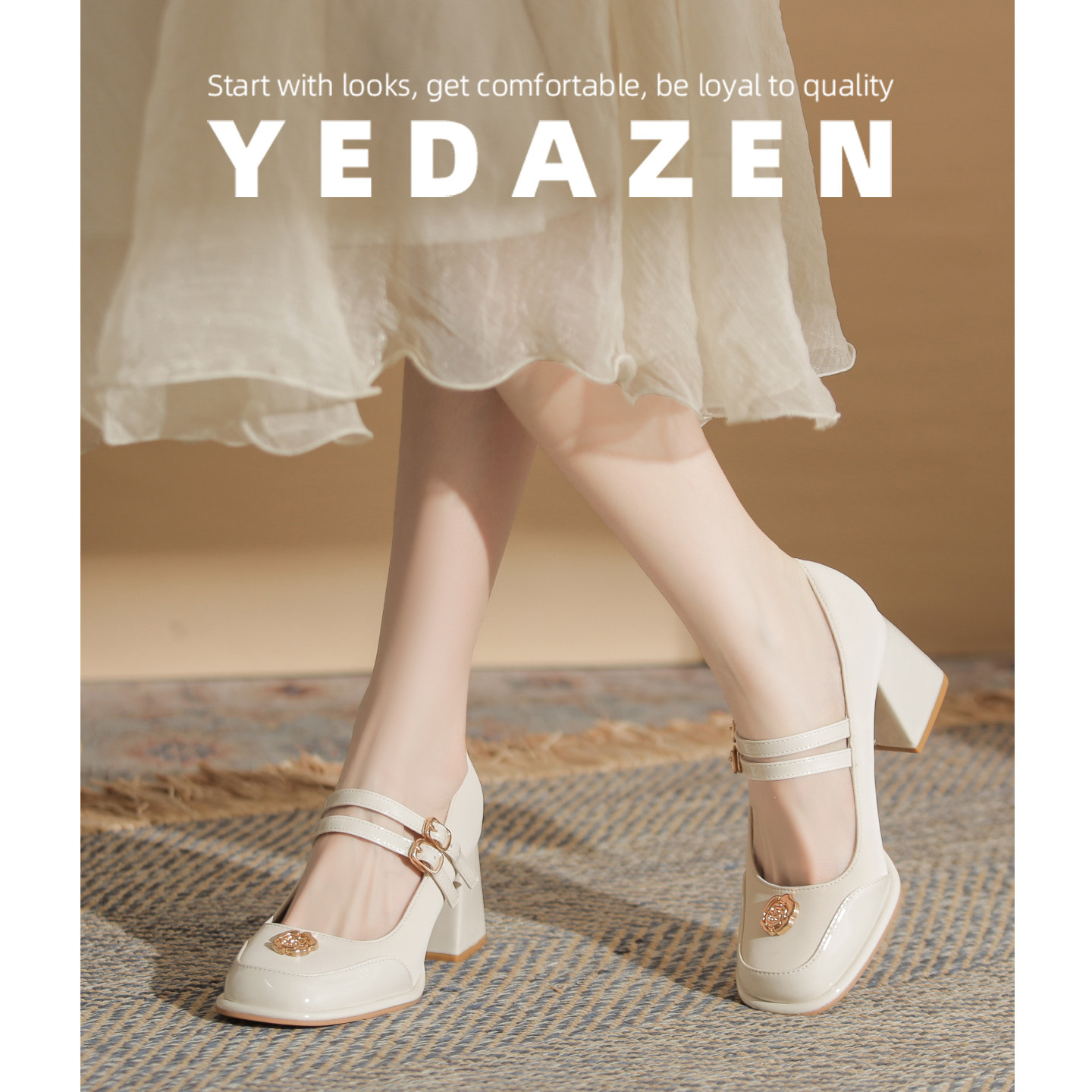 一字带高跟鞋女粗跟白色玛丽珍婚鞋婚鞋新娘鞋日常可穿山茶花单鞋