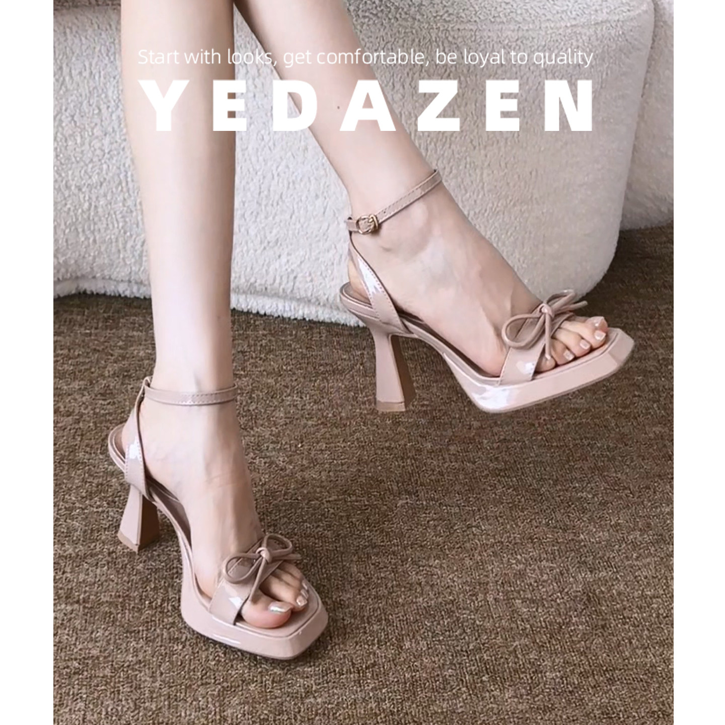 绝美蝴蝶结一字带露趾夏季凉鞋女外穿防水台裸色高跟鞋粗跟不累脚