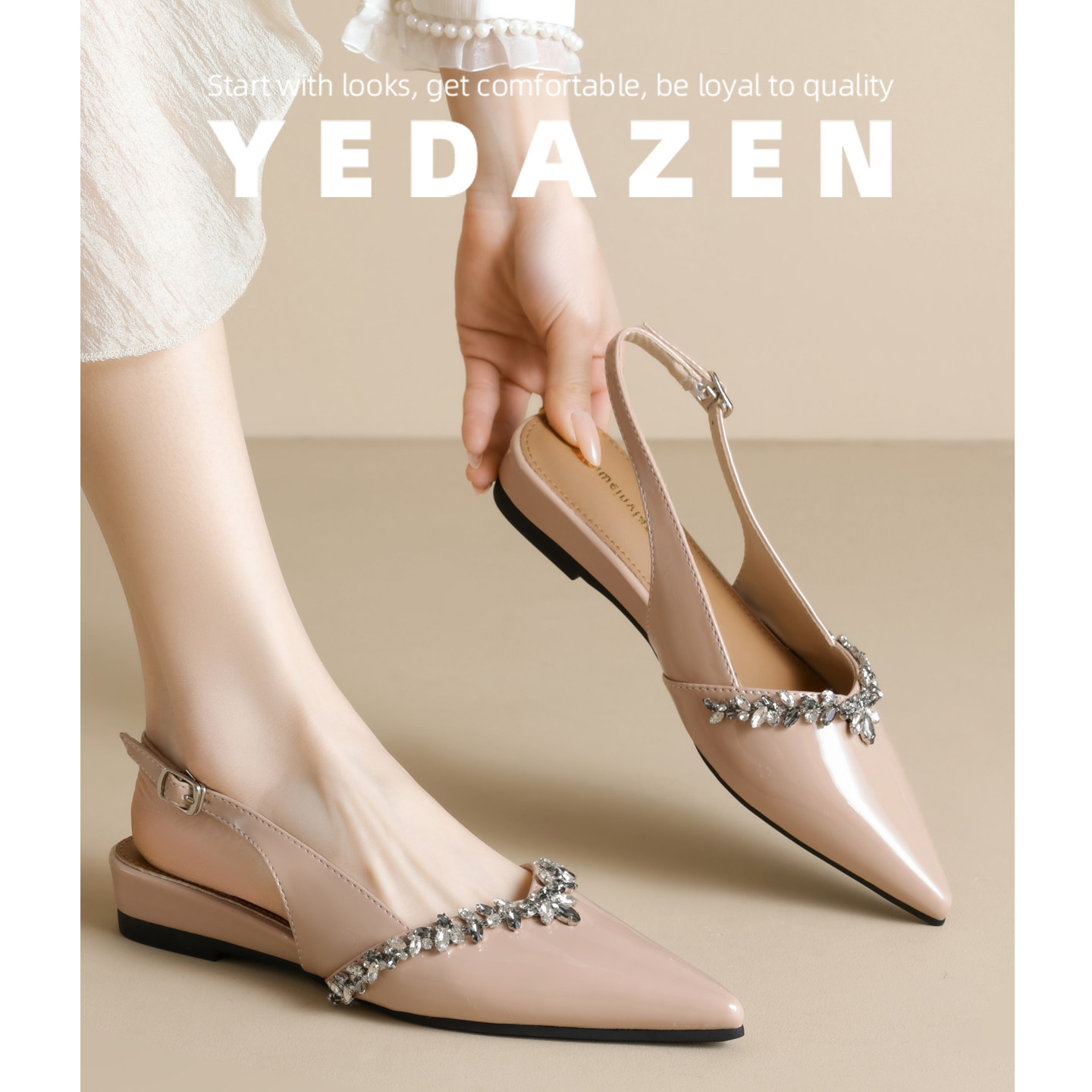 一脚蹬尖头水钻裸色凉鞋女夏外穿时尚高级感2026新款平底大码单鞋