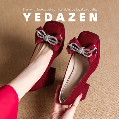 红色秀禾婚鞋新娘鞋女粗跟绝美水钻厚底防水台蝴蝶结高跟鞋不累脚