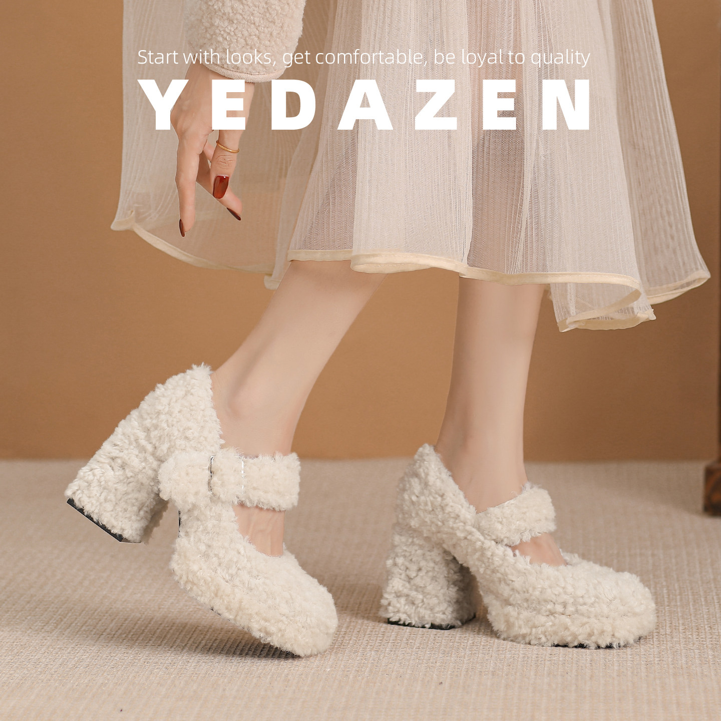 超好看法式白色厚底羊羔毛毛高跟鞋女秋冬加绒粗跟方头玛丽珍单鞋