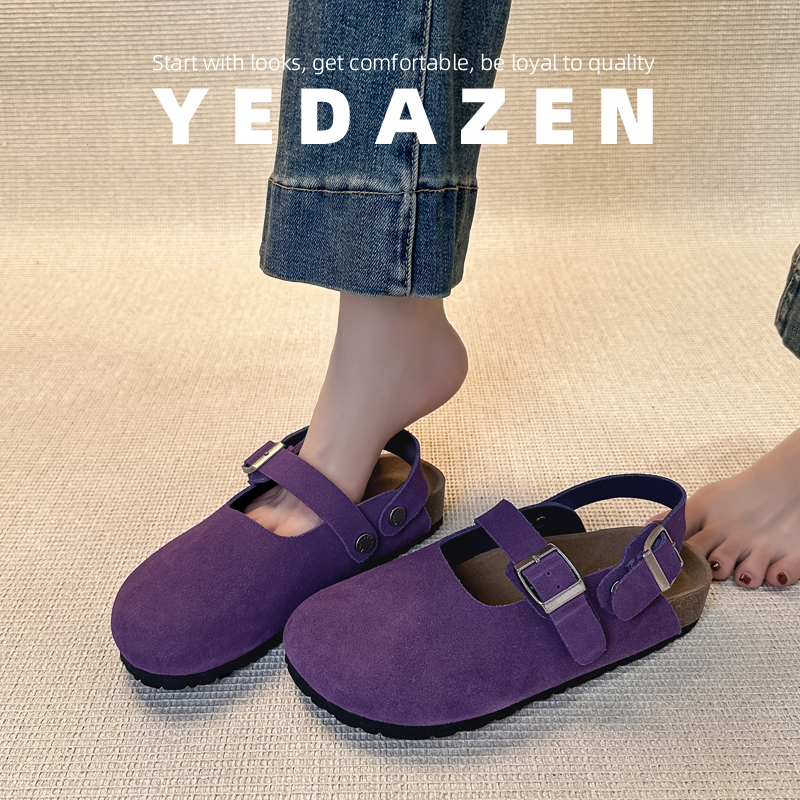 真牛皮紫色两穿勃肯鞋半拖女厚底外穿2025夏季新款包头后跟带单鞋