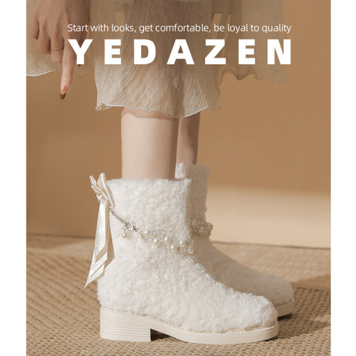 蝴蝶结毛毛靴白色加绒雪地靴女2025新款冬季厚底玛丽珍珠高跟短靴