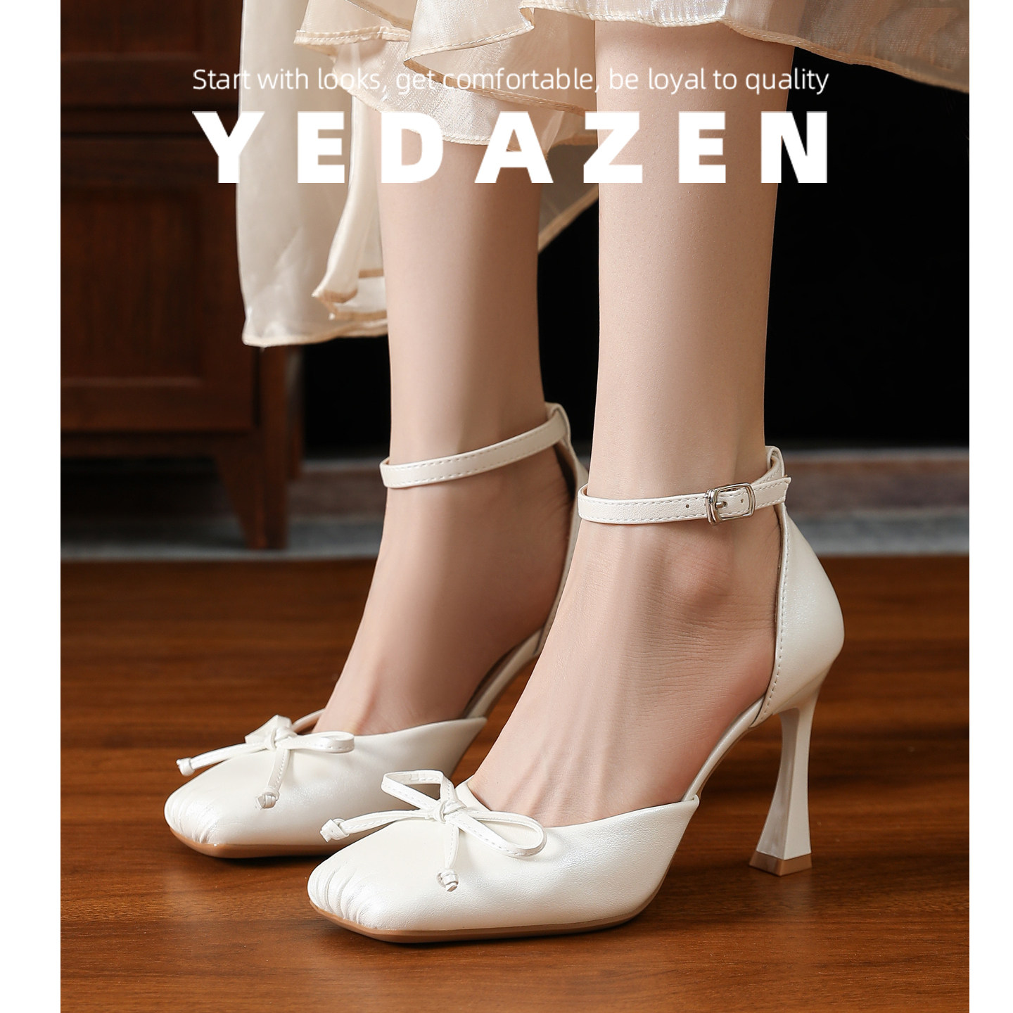 一字扣带白色高跟鞋方头芭蕾风凉鞋女夏季2026新款蝴蝶结粗跟单鞋