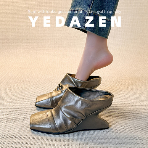 法式复古包头半拖鞋女夏外穿鱼嘴高跟单鞋2025新款时尚坡跟凉拖鞋