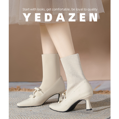 法式白色高跟短靴女粗跟2025秋冬新款蝴蝶结洋气弹力方头瘦瘦袜靴