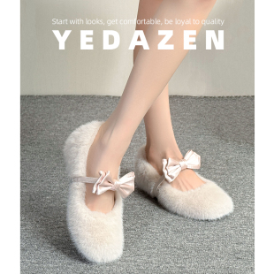 内增高玛丽珍鞋女厚底白色毛毛鞋外穿2025新款秋冬蝴蝶结加绒单鞋
