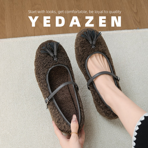 高级感灰色羊羔毛毛鞋女冬加绒巨好看内增高单鞋平底圆头玛丽珍鞋