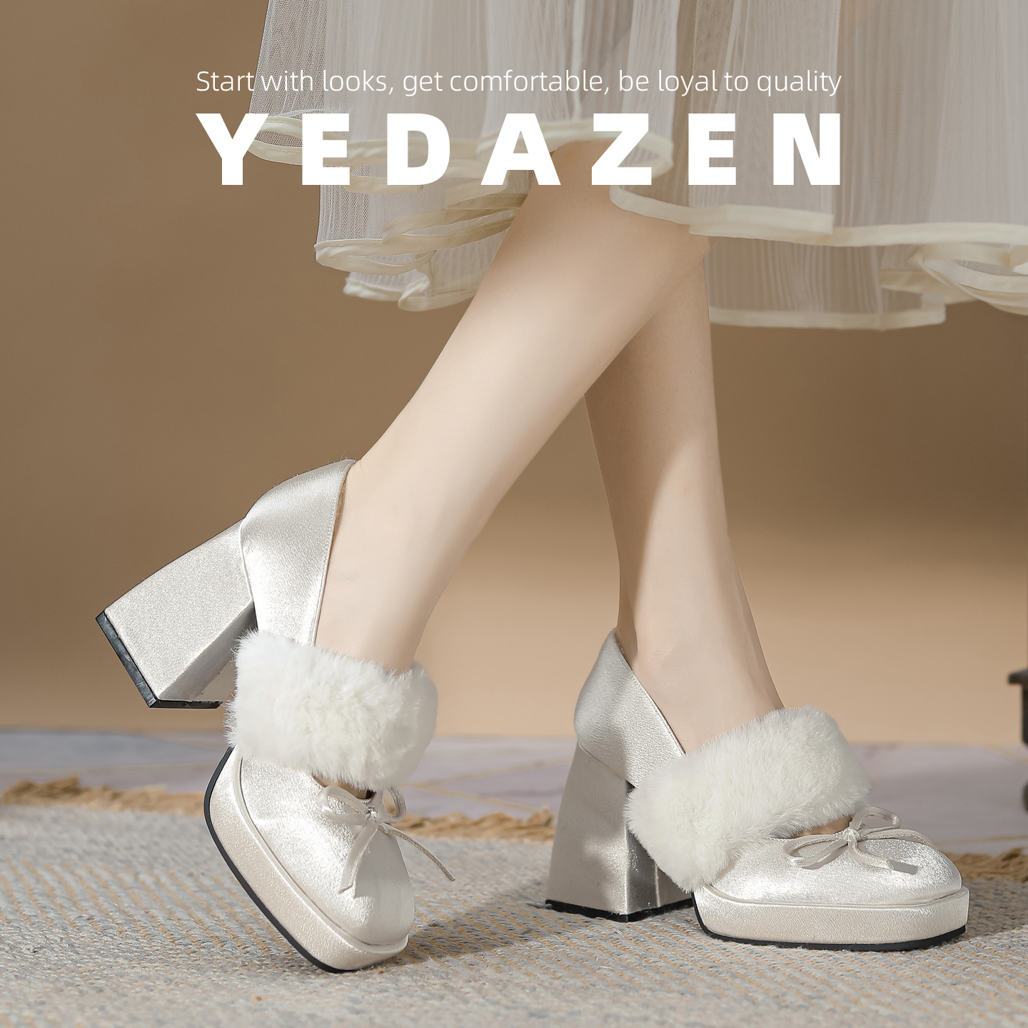 法式绝美白色玛丽珍毛毛鞋秋冬加绒外穿厚底礼服千金风高跟鞋粗跟