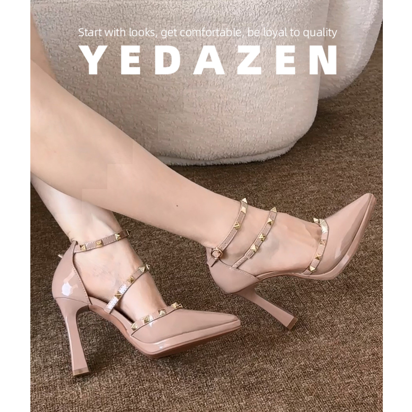 裸色铆钉尖头绝美凉鞋女款外穿夏季防水台高跟鞋粗跟中空包头单鞋