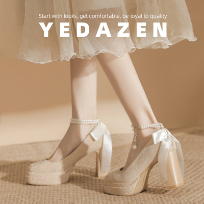 香槟色玛丽珍婚鞋新娘鞋日常可穿不累脚伴娘鞋蝴蝶结高跟鞋女粗跟