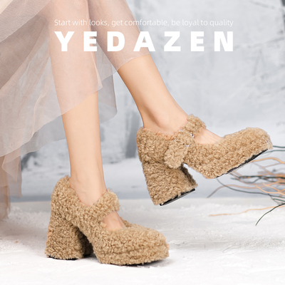 增高棕色毛毛高跟鞋秋冬加绒粗跟方头小个子厚底玛丽珍鞋2025新款