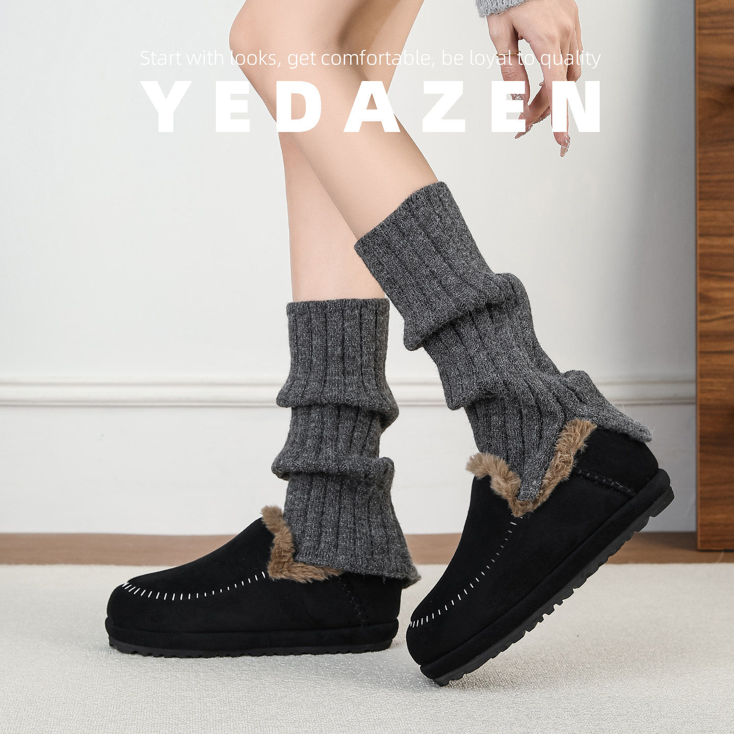 黑色雪地靴女低帮厚底面包保暖棉鞋冬季加绒一脚蹬勃肯毛毛鞋全包