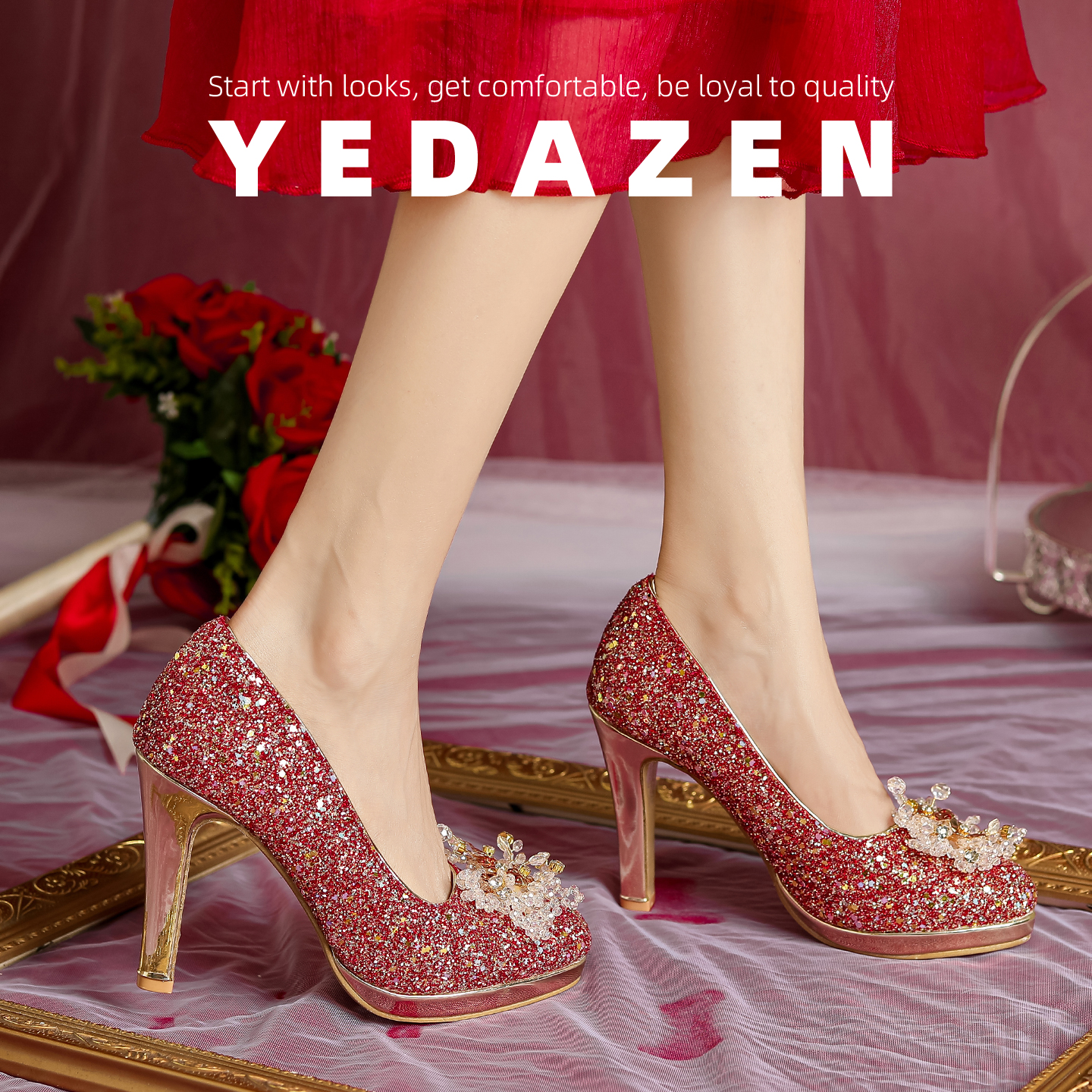 10CM水晶高跟鞋粗跟亮片秀禾绝美婚鞋女2025新款新娘鞋增高不累脚