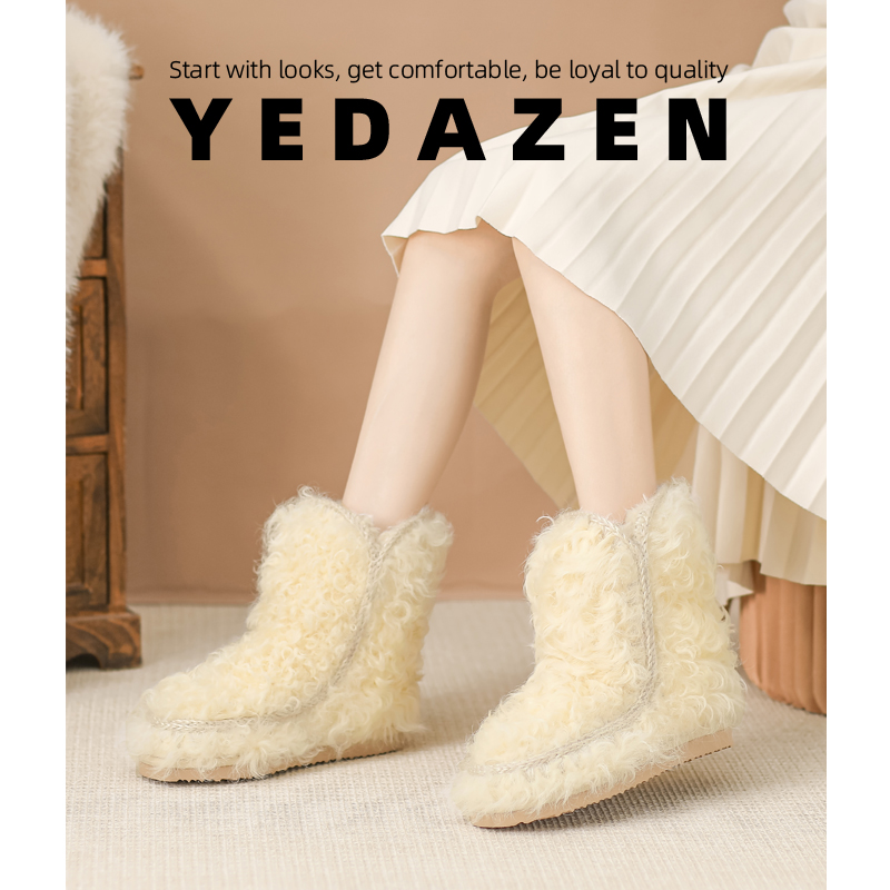 爱斯基摩羊皮毛一体白色雪地靴加绒加厚冬季保暖棉靴女平底毛毛鞋