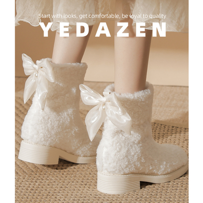 2025巨好看的厚底雪地靴女款冬季蝴蝶结白色高跟鞋加绒内增高短靴