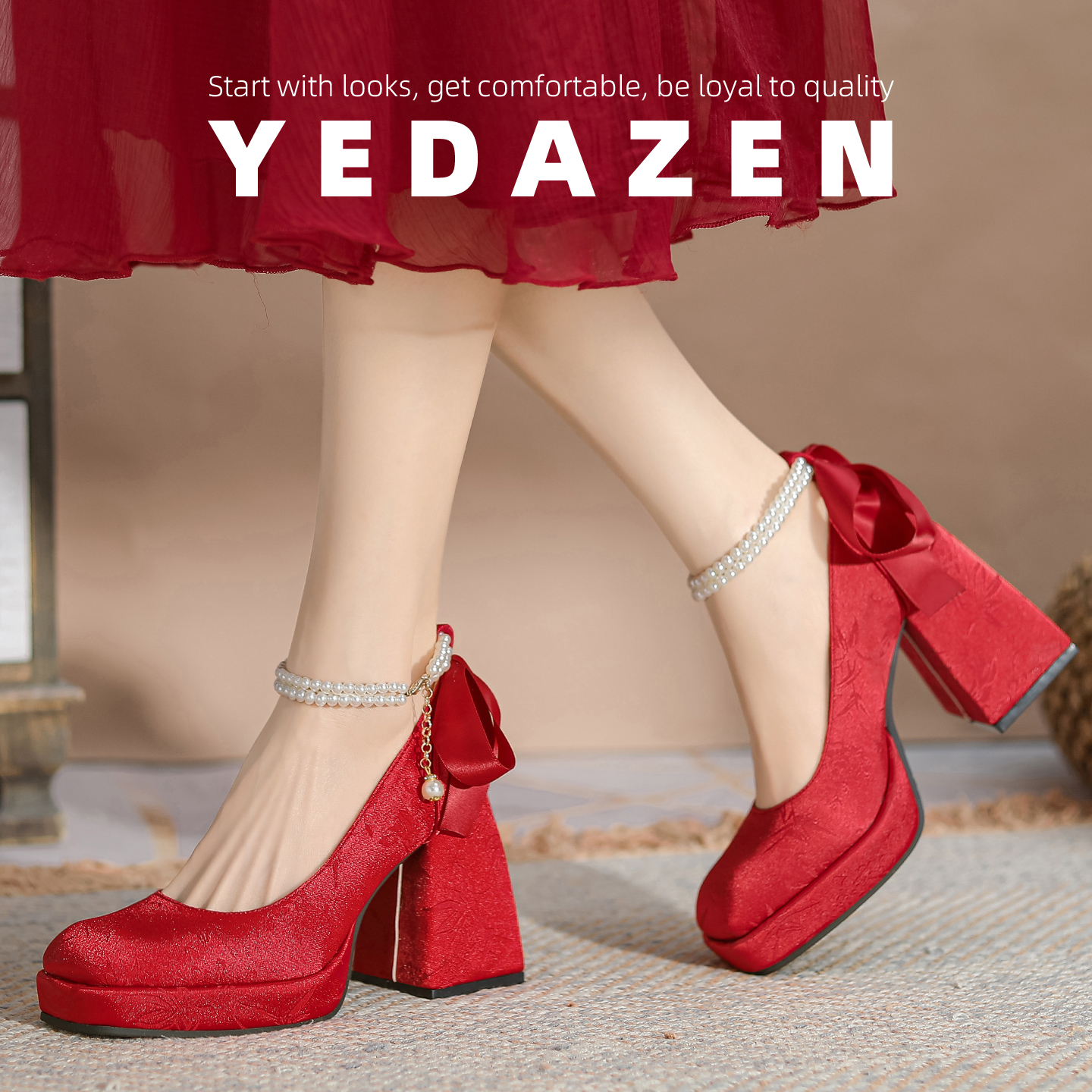 小个子国风高跟鞋女粗跟红色厚底法式珍珠秀禾新娘婚鞋绝美不累脚