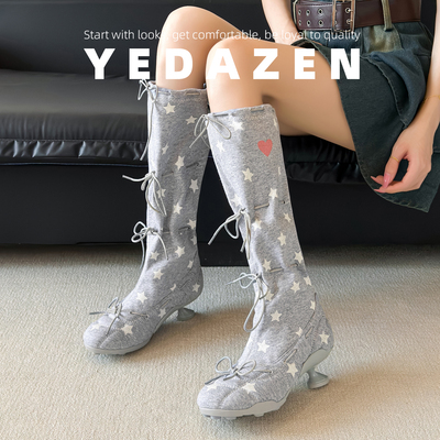 小众设计感星星弹力瘦瘦靴女夏薄款绑带不过膝长筒靴圆头高跟袜靴