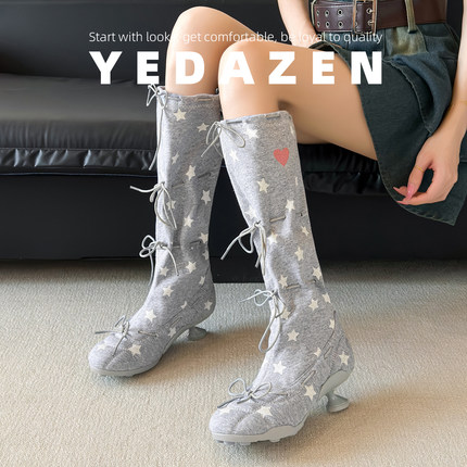 小众设计感星星弹力瘦瘦靴女夏薄款绑带不过膝长筒靴圆头高跟袜靴