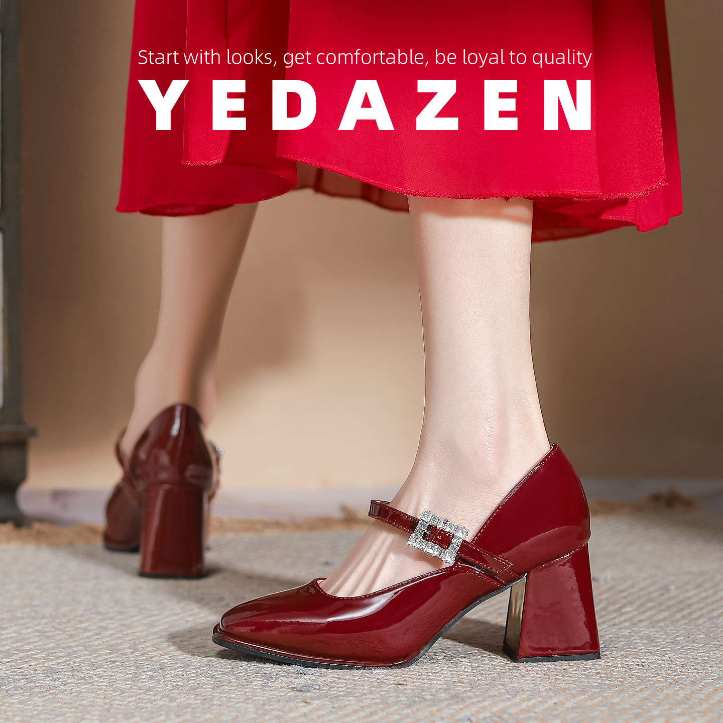 高级感酒红色玛丽珍婚鞋高跟鞋粗跟新娘鞋好穿不累脚水钻方头单鞋