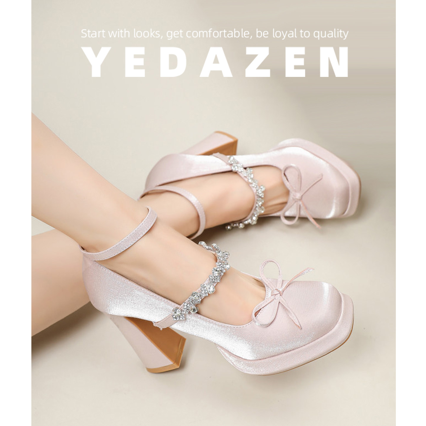 蝴蝶结水钻粉色绝美高跟鞋女粗跟2026新款春季厚底玛丽珍芭蕾单鞋