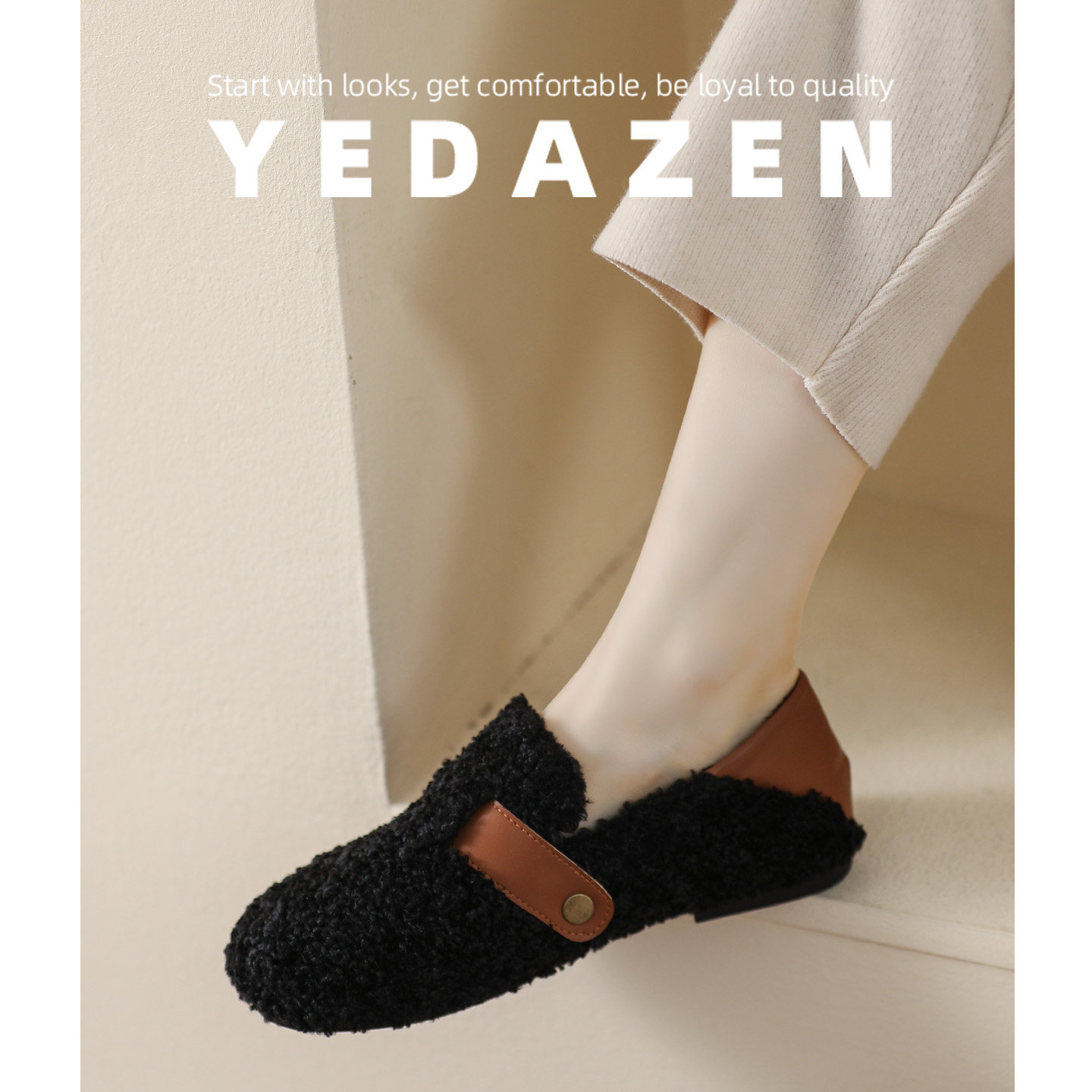 两穿平底单鞋黑色羊羔毛毛鞋女外穿2025新款冬季一脚蹬加绒豆豆鞋