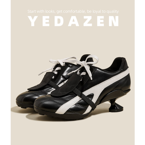 黑色复古百搭德训鞋女休闲运动鞋2025新款设计感小众系带高跟单鞋