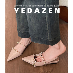 一脚蹬大码尖头凉鞋女款夏季外穿铆钉平底裸色单鞋2026新款配裙子