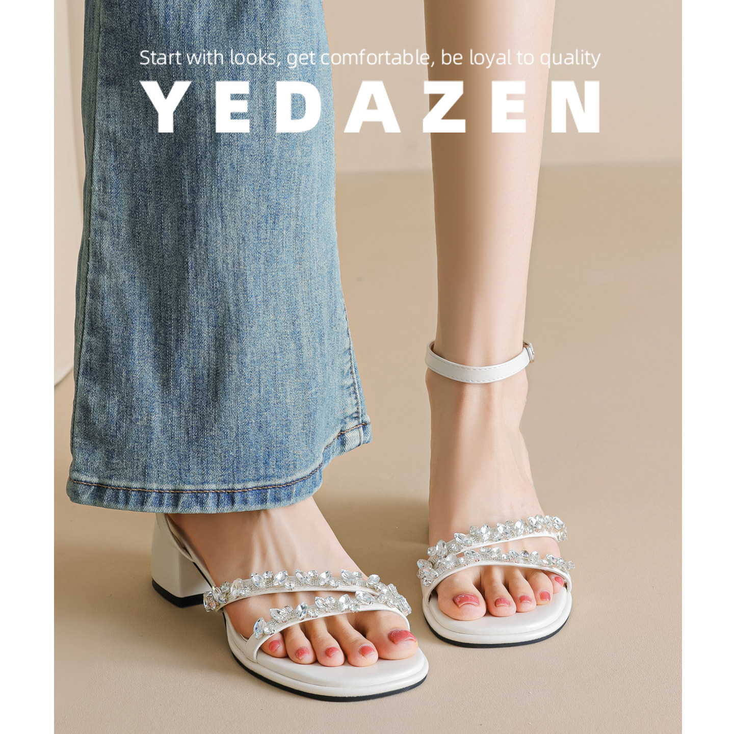 法式不累脚小高跟鞋粗跟一字带大码白色水钻凉鞋女夏外穿2026新款