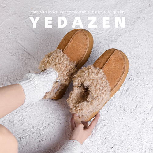 一脚蹬棕色卷毛毛鞋女外穿厚底巨好看包头半拖鞋冬季加绒保暖棉鞋