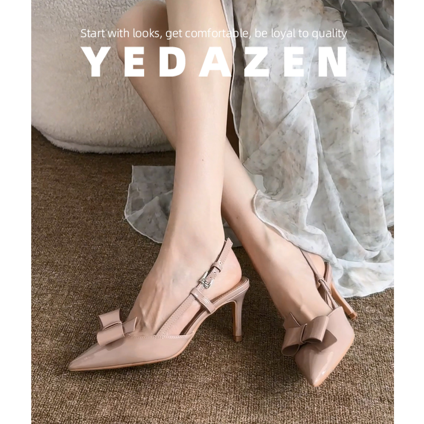 法式配裙子包头凉鞋女夏季外穿2026新款裸色高跟鞋粗跟蝴蝶结单鞋