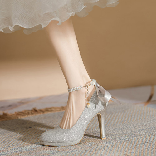 法式圆头高跟鞋绝美玛丽珍珠婚鞋