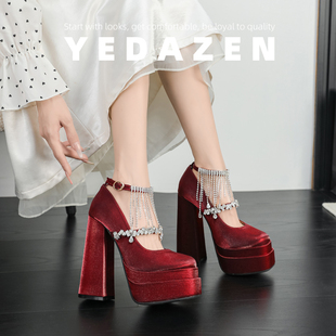 红色玛丽珍婚鞋法式防水台松糕厚底15CM高跟鞋一字带水钻增高神器