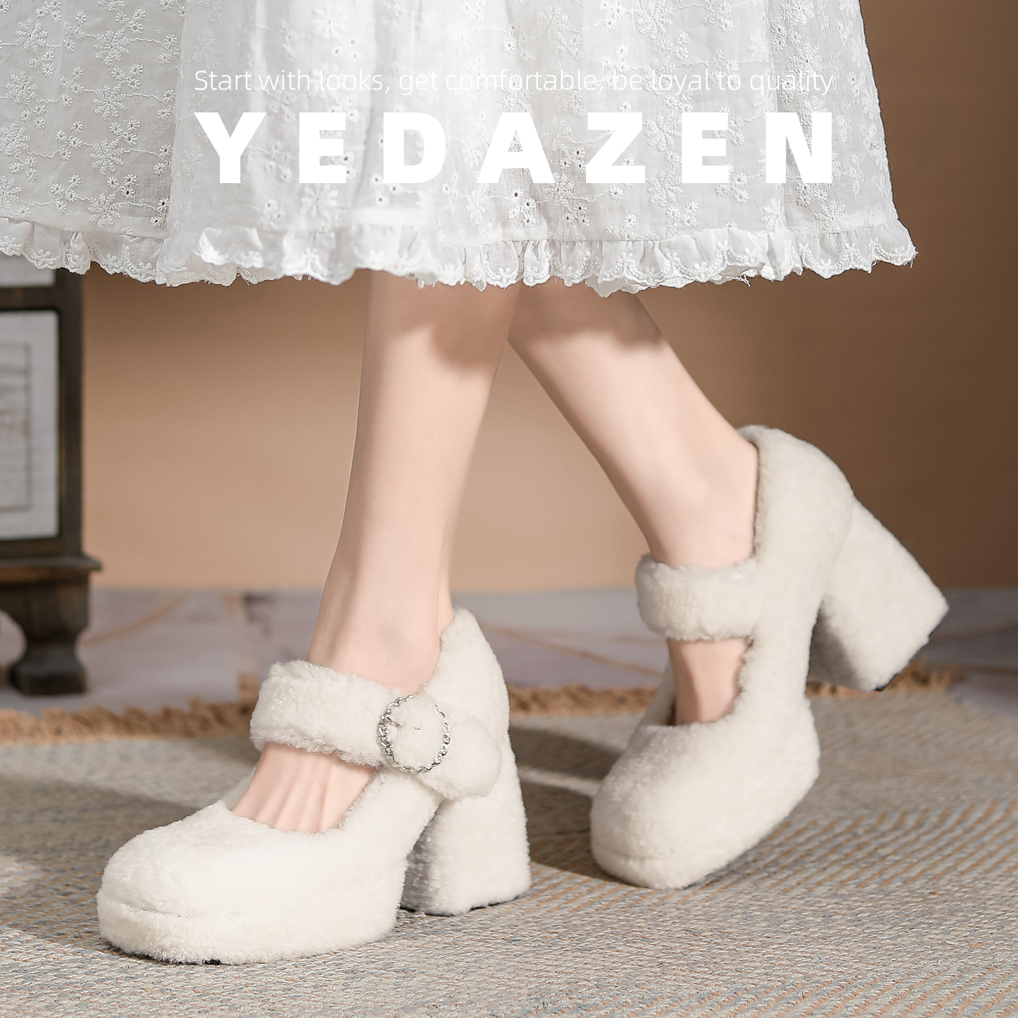 法式白色羊羔毛毛高跟鞋女粗跟冬季加绒玛丽珍方头水钻一字带单鞋