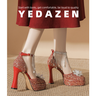 水晶吊坠新娘婚鞋配秀禾服婚纱两穿不累脚玛丽珍高跟鞋女粗跟单鞋