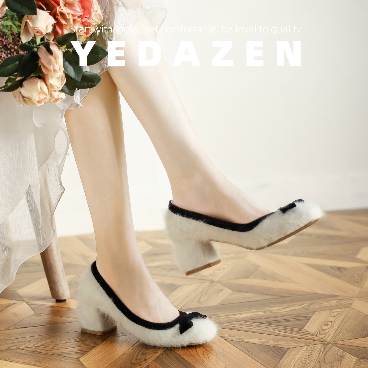 高级感白色绝美水貂毛毛高跟鞋女粗跟外穿秋冬加绒巨好看法式单鞋