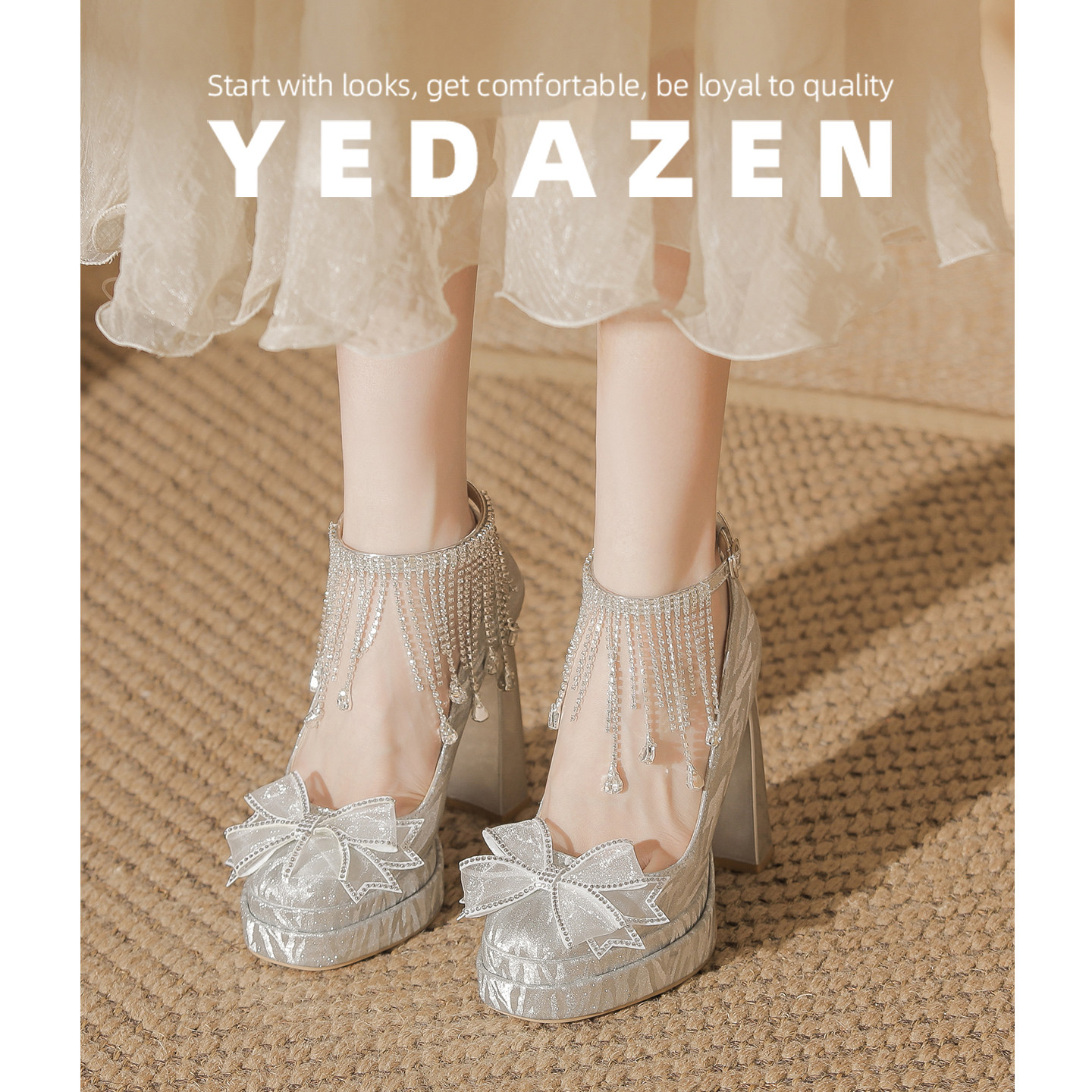 流苏水晶银色高跟鞋女粗跟绝美不累脚主婚纱婚鞋女2025新款新娘鞋