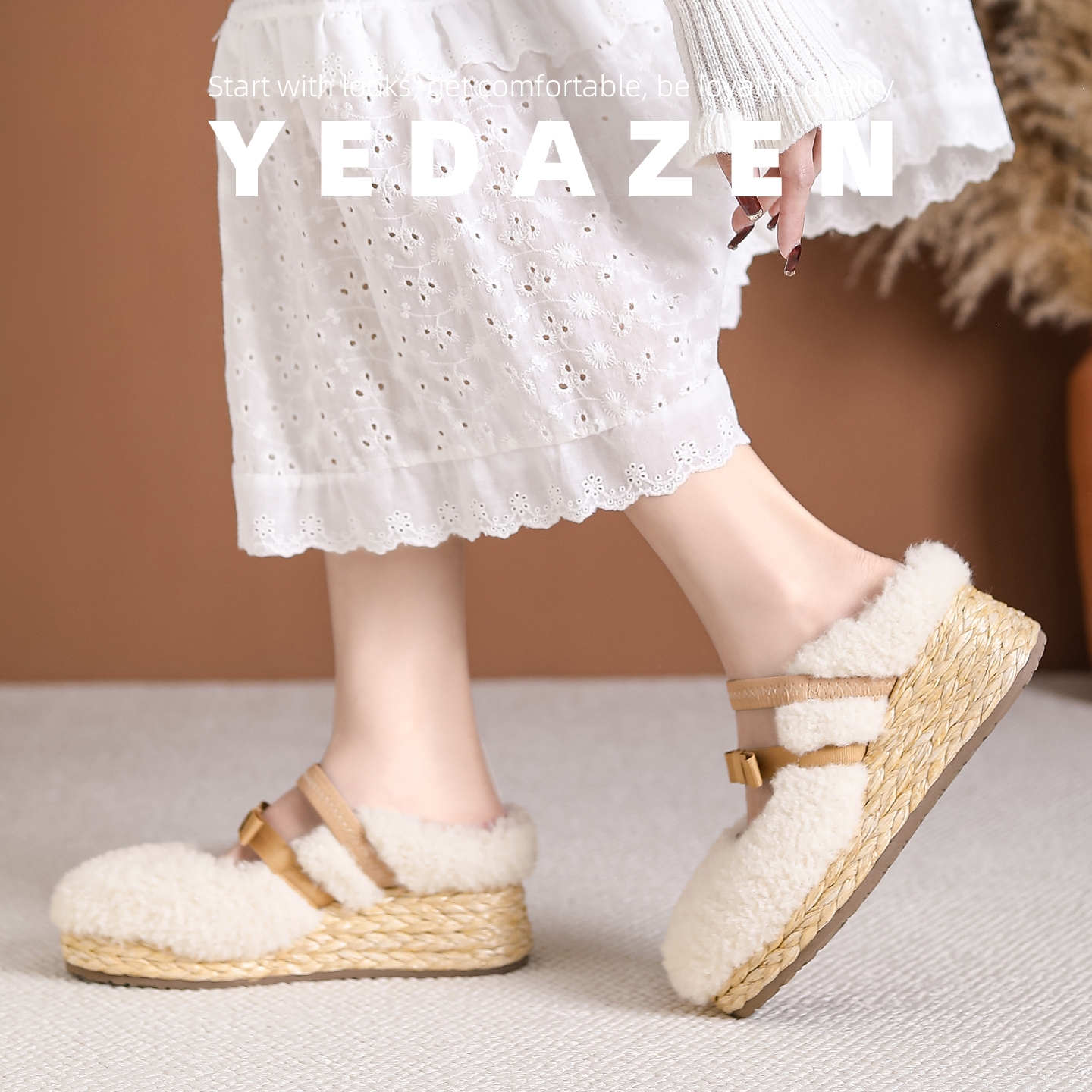 赵露思&许妍款 休闲包头拖鞋女冬外穿内增高蝴蝶结羊羔毛毛鞋厚底