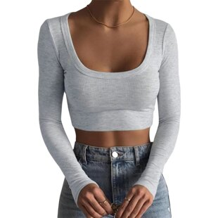 Fitted Top Long Crop Basic Casual Slim Ribbed Sleeve Women
